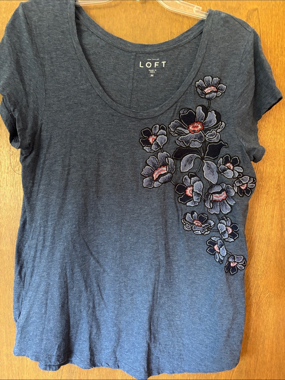 LOFT Navy Blue Short-Sleeve Tee with Floral Embroidery